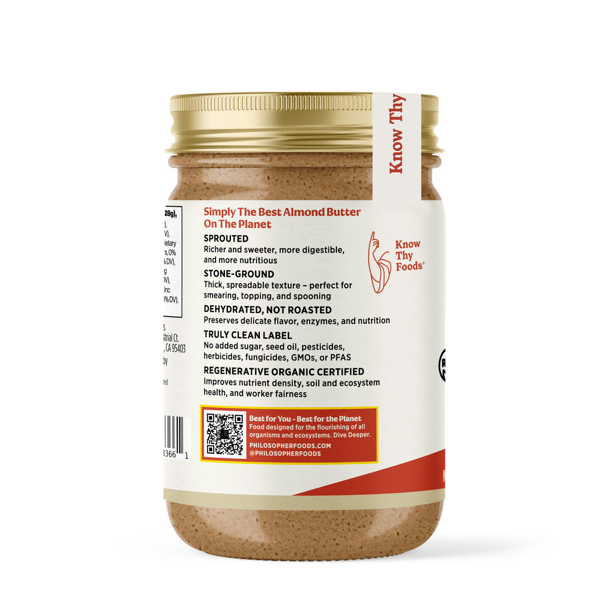 Sprouted almond butter jar with back panel text and product-use notes