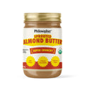 Sprouted almond butter jar with bold “Super Crunchy” front label and USDA organic badge
