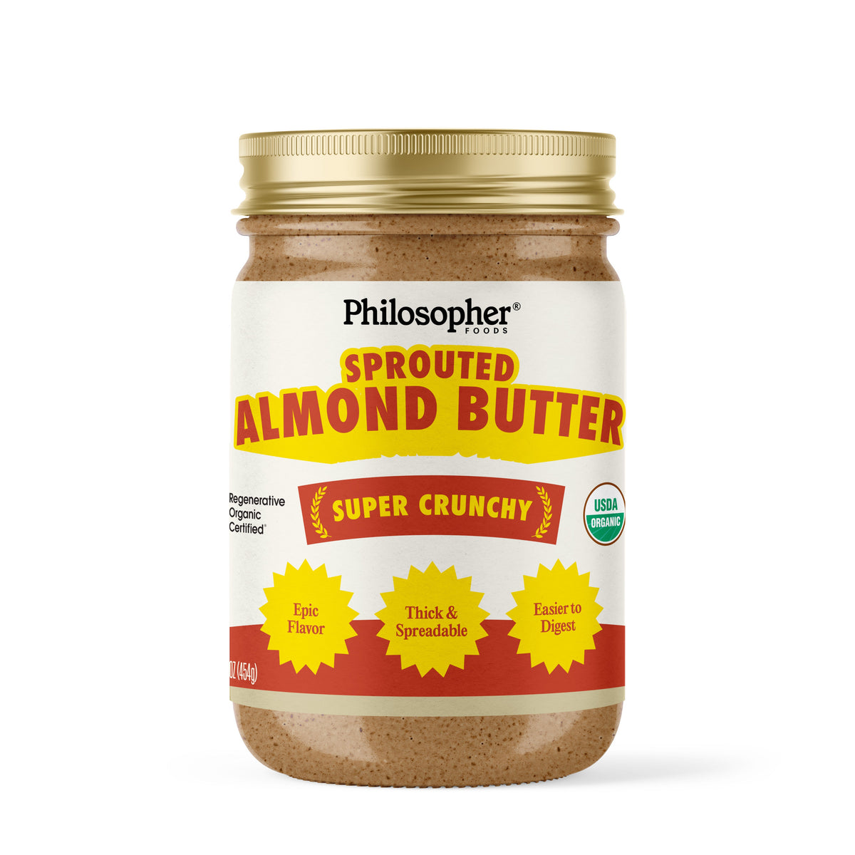 Sprouted almond butter jar with bold “Super Crunchy” front label and USDA organic badge