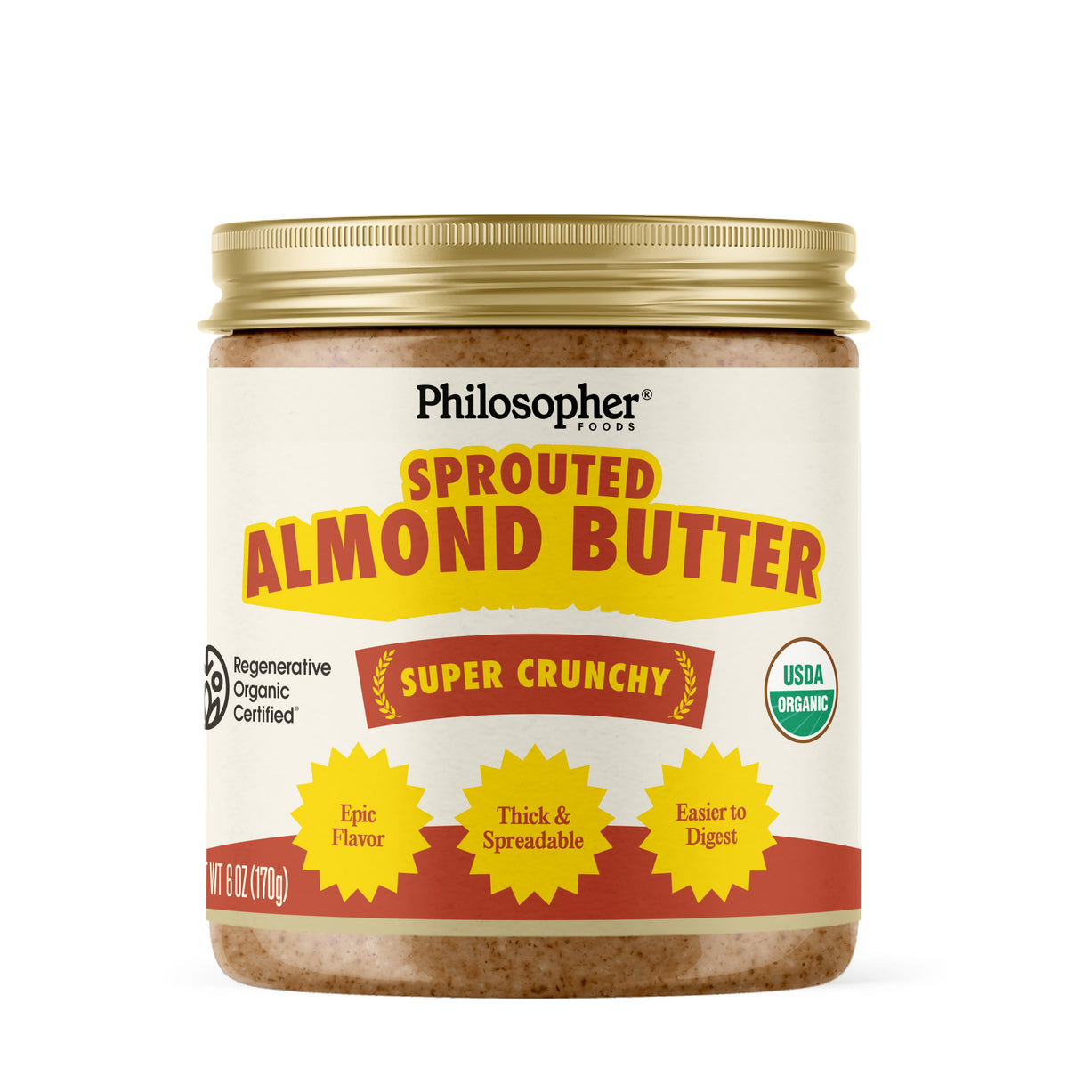 Sprouted almond butter jar with “Super Crunchy” label and USDA organic seal