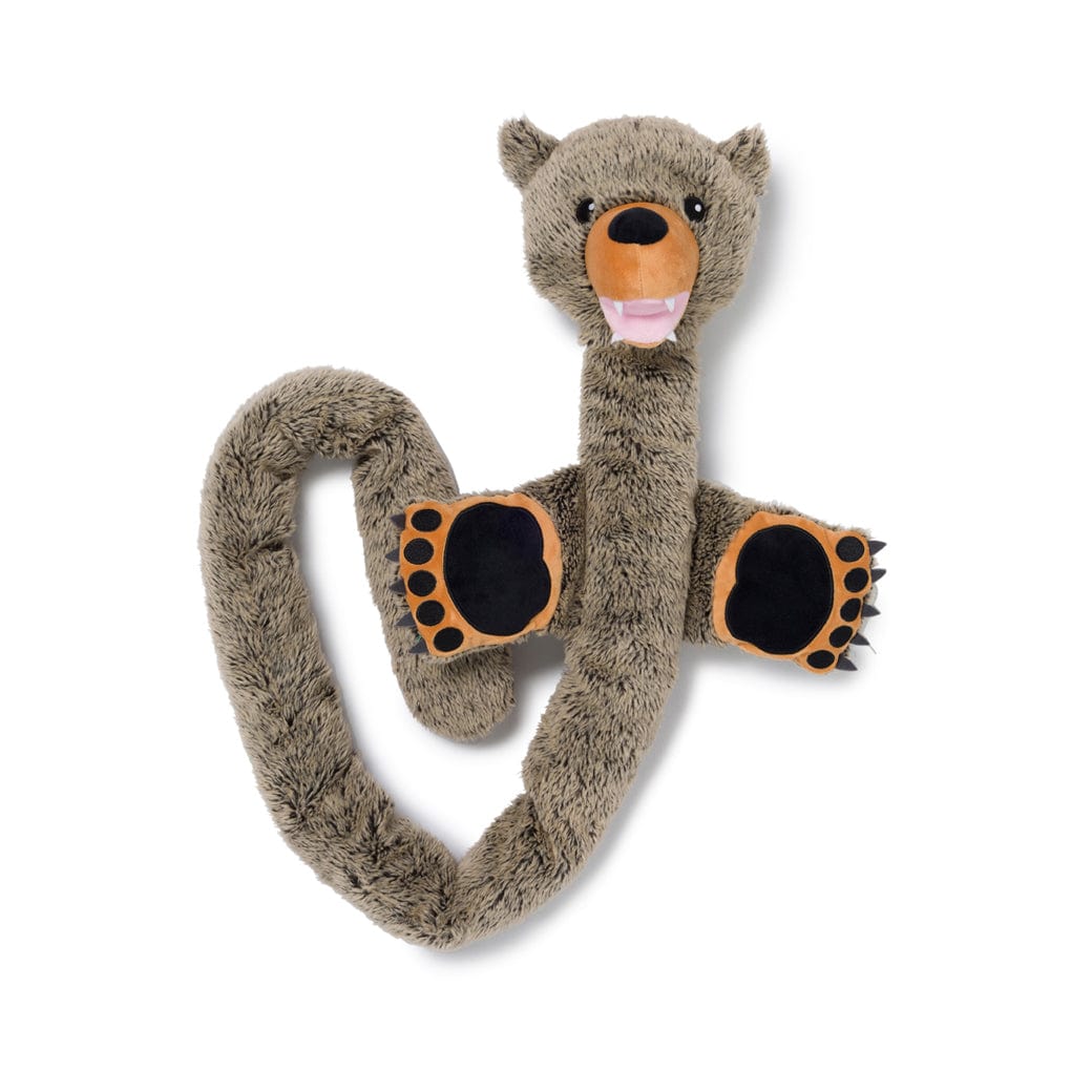 5ft grizzly bear plush toy, curled pose with orange paw pads and black nose