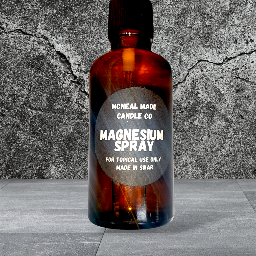 Magnesium spray bottle in amber glass with label showing topical use directions