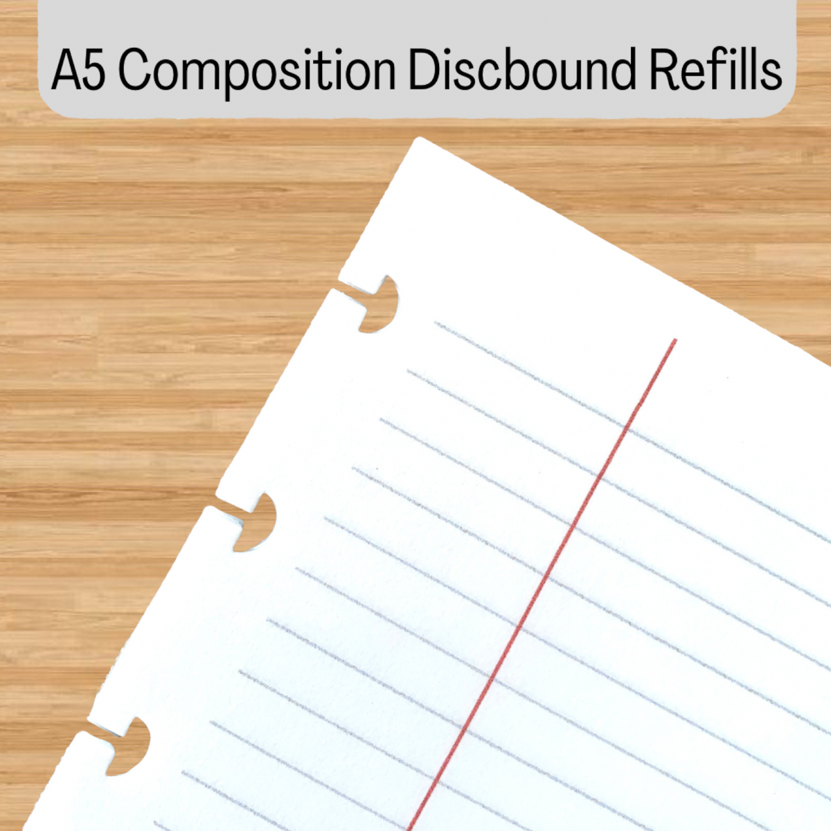 A5 composition discbound refill pages with red margin line and punched binding tabs