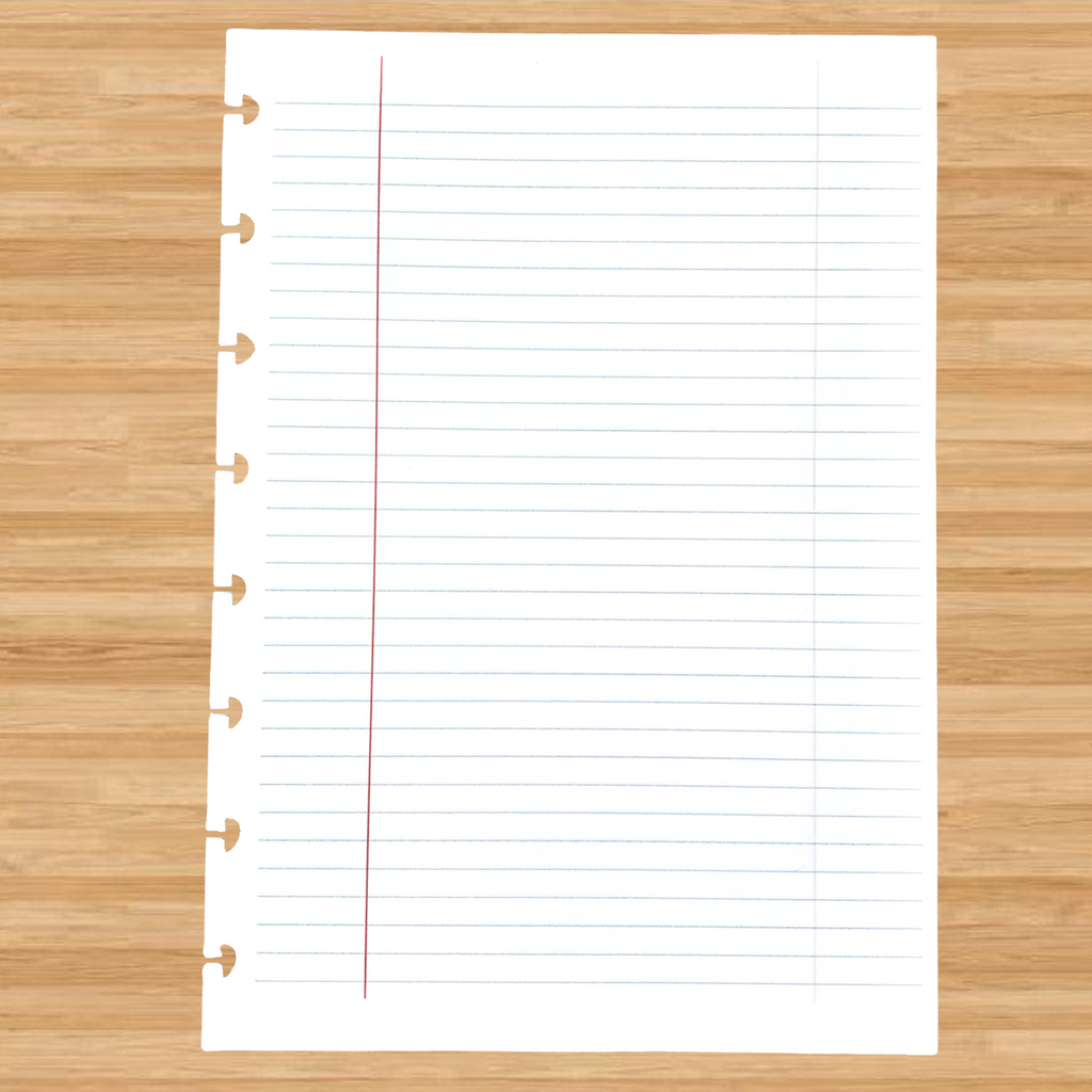 A5 lined discbound paper insert sheet with red margin line and punched binder holes