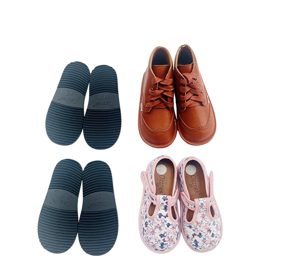 Two-pair toddler shoe set: brown boots and pink floral Mary Janes (backs shown)
