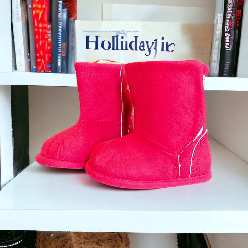 Red kids ankle boots, paired front view with curved seam details and soft suede upper