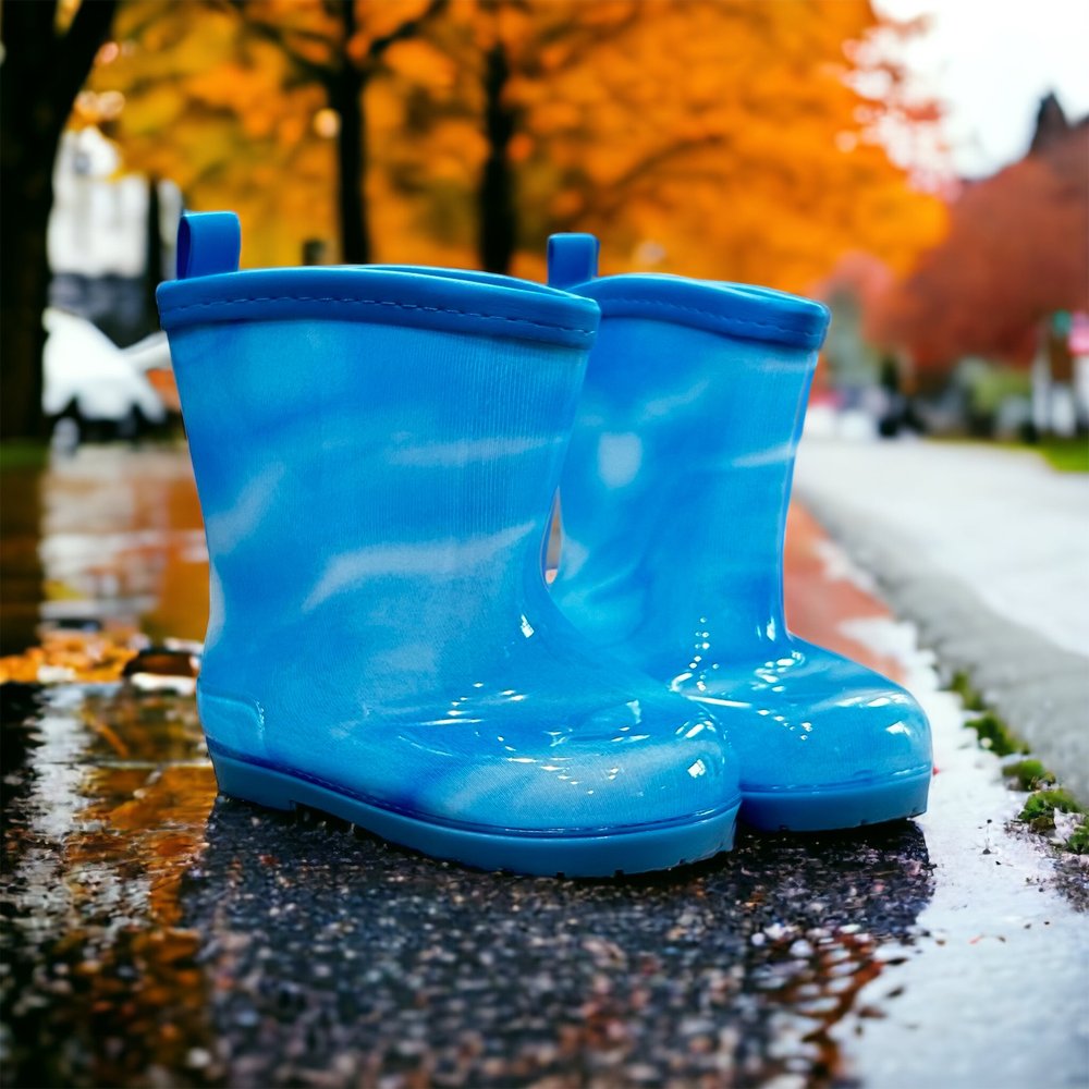 Kids glossy blue waterproof rain boots standing side by side with tread