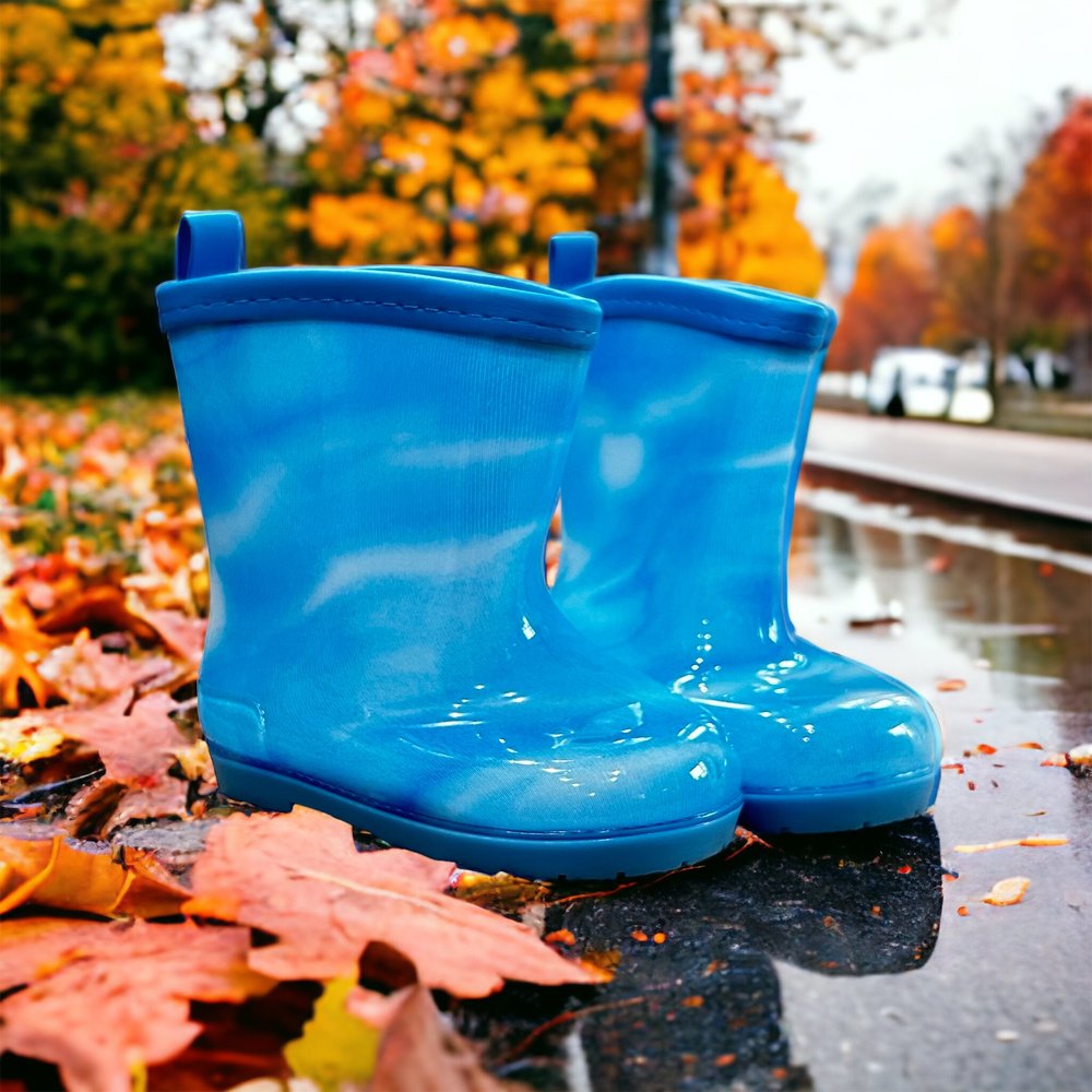 Kids glossy blue waterproof rain boots with pull-on loops and sturdy sole
