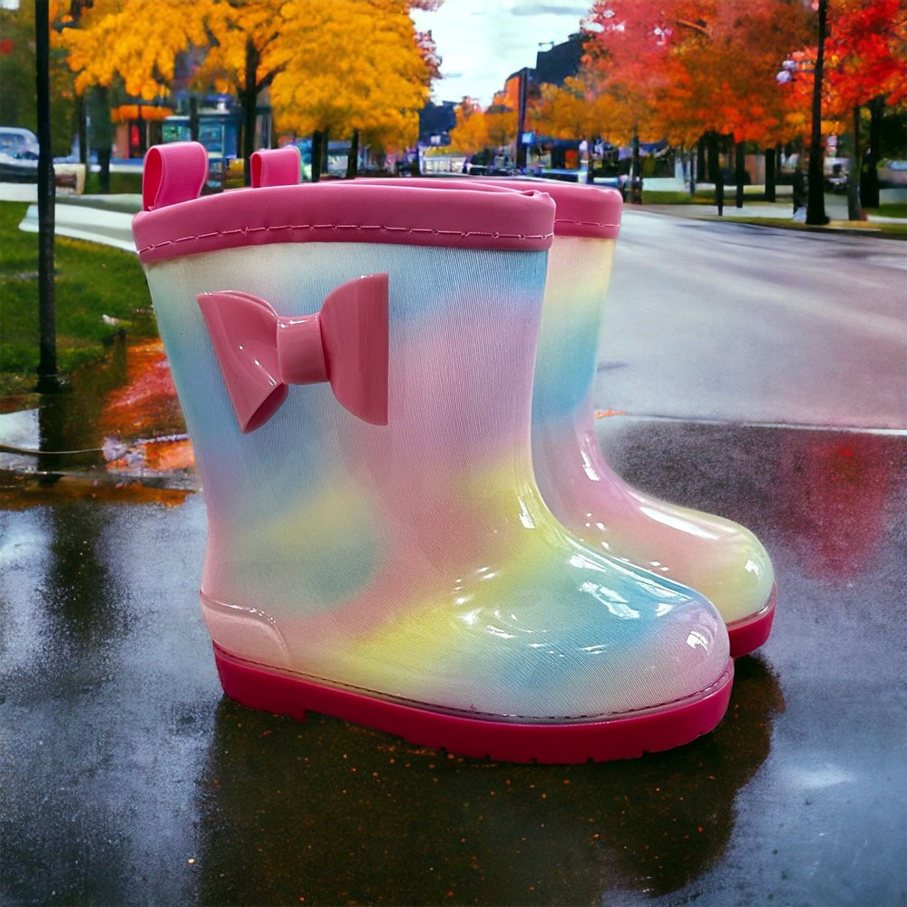 Kids iridescent rainbow waterproof rain boots with pink bow and smooth sole