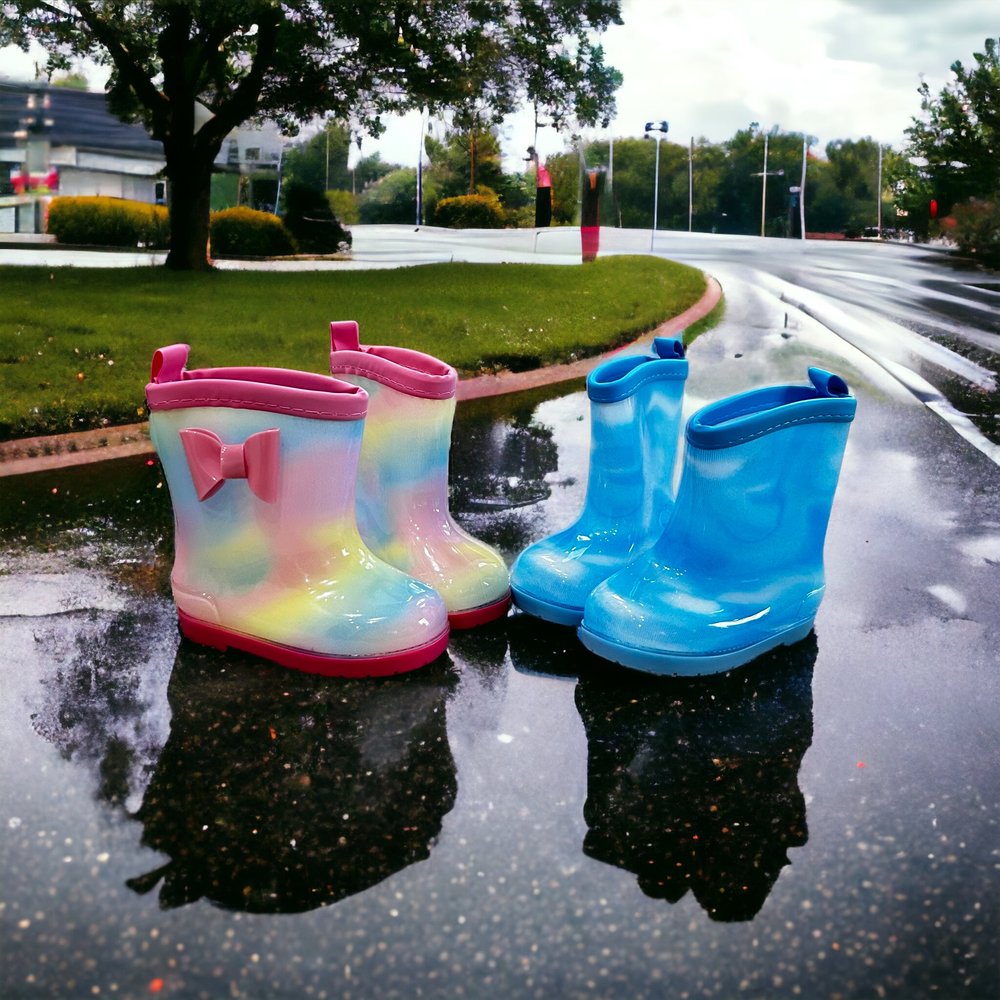Kids rainbow pink and blue waterproof rain boots with pull-on loops and bows
