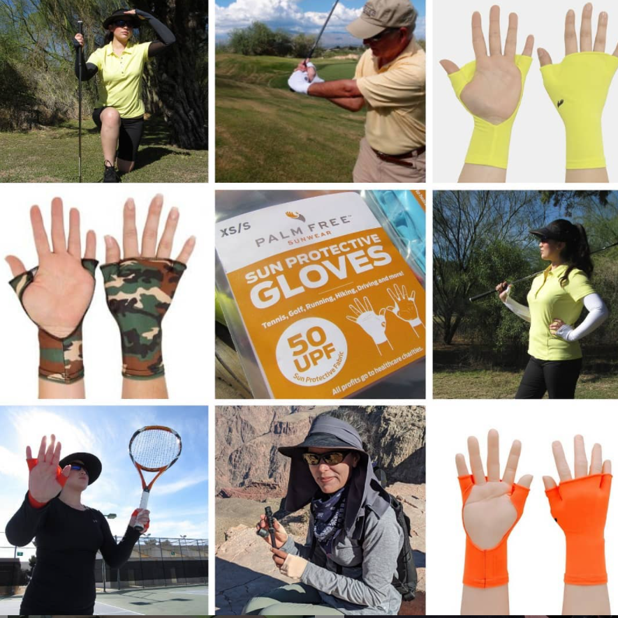 Palm-free sun gloves shown in multiple colors, five-finger open hand design