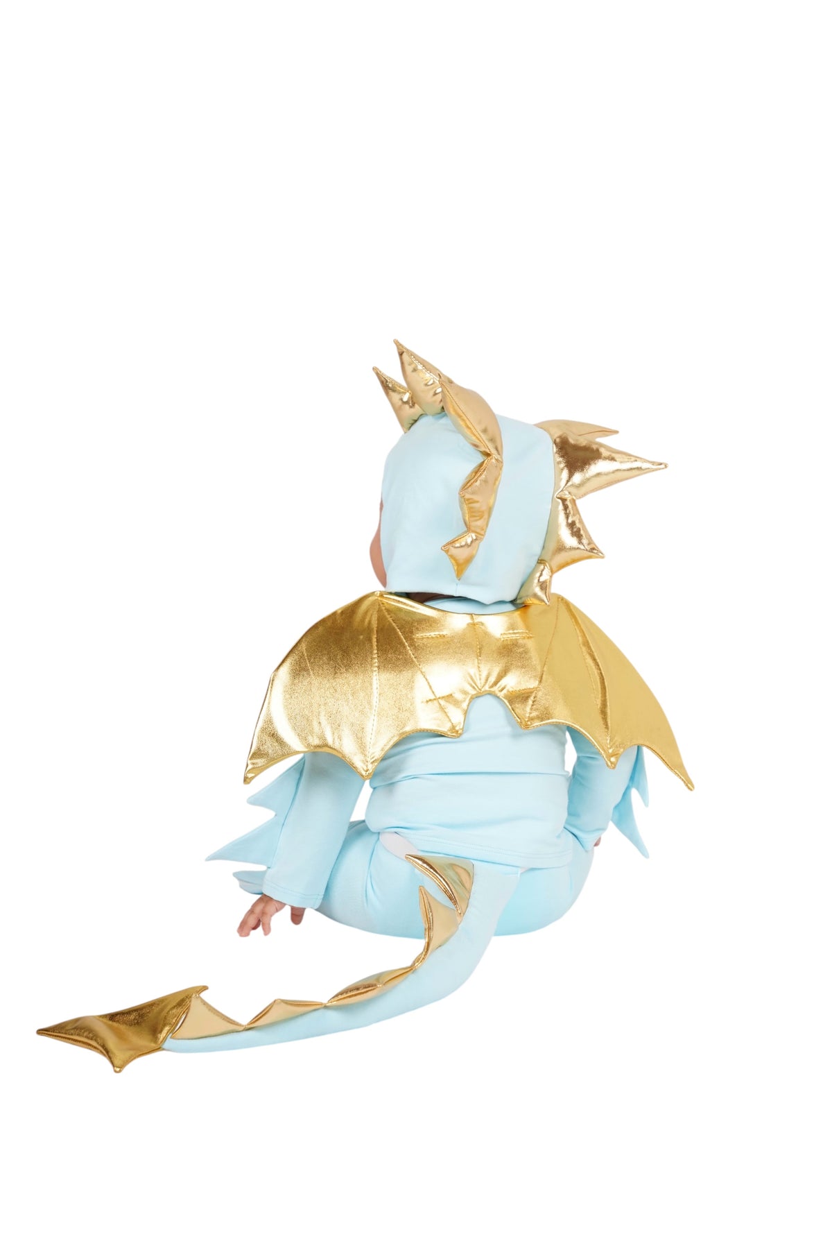 Sky blue dragon costume with gold cape-like tunic and long scarf tail pieces.