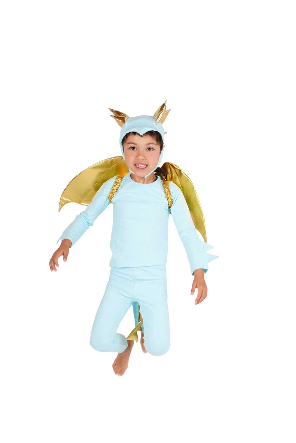 Sky blue dragon costume with gold wings, spiked headband, and matching cape tunic.