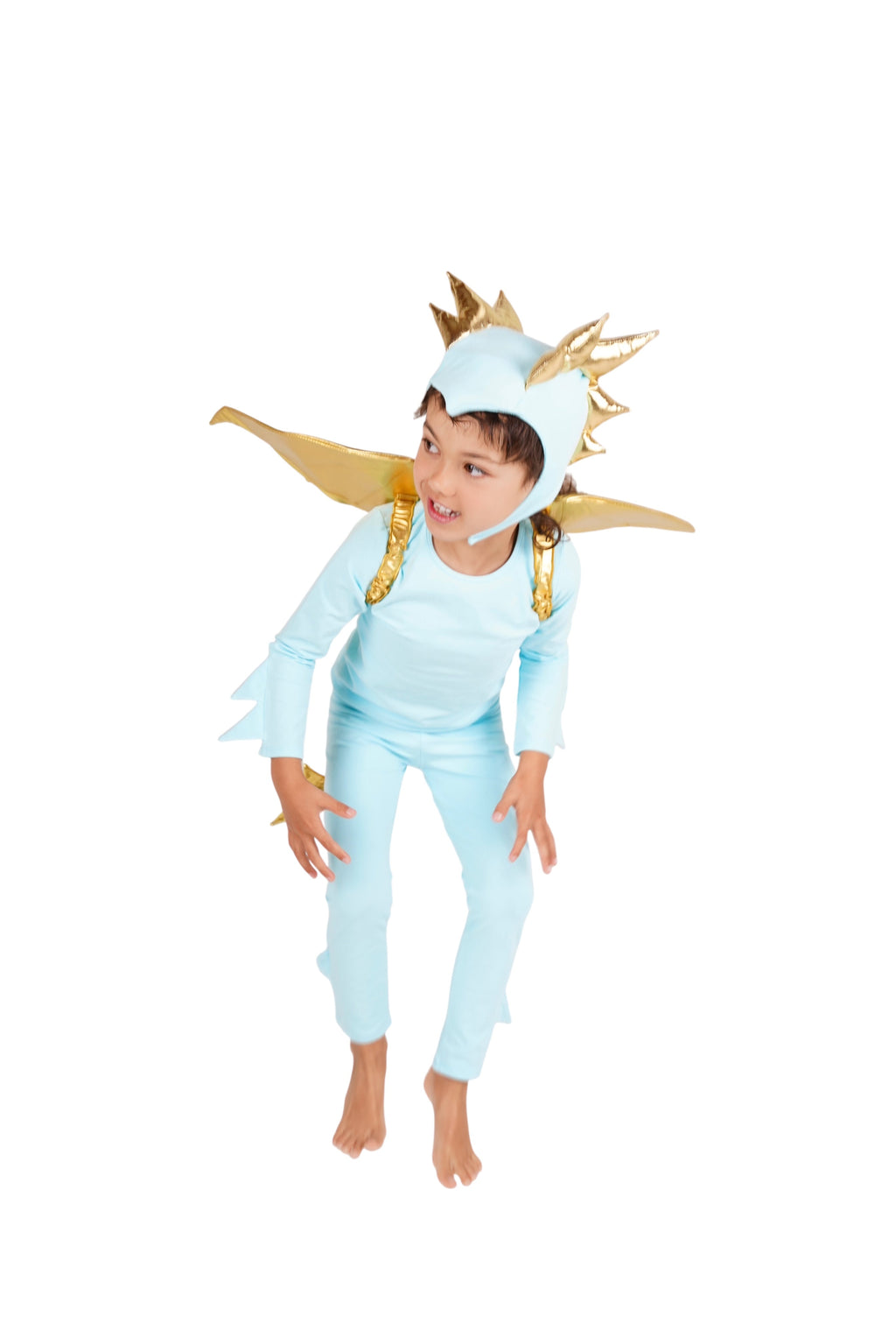 Dragon costume with sky blue hooded jumpsuit, gold spiked crown, and tail wing streamers.