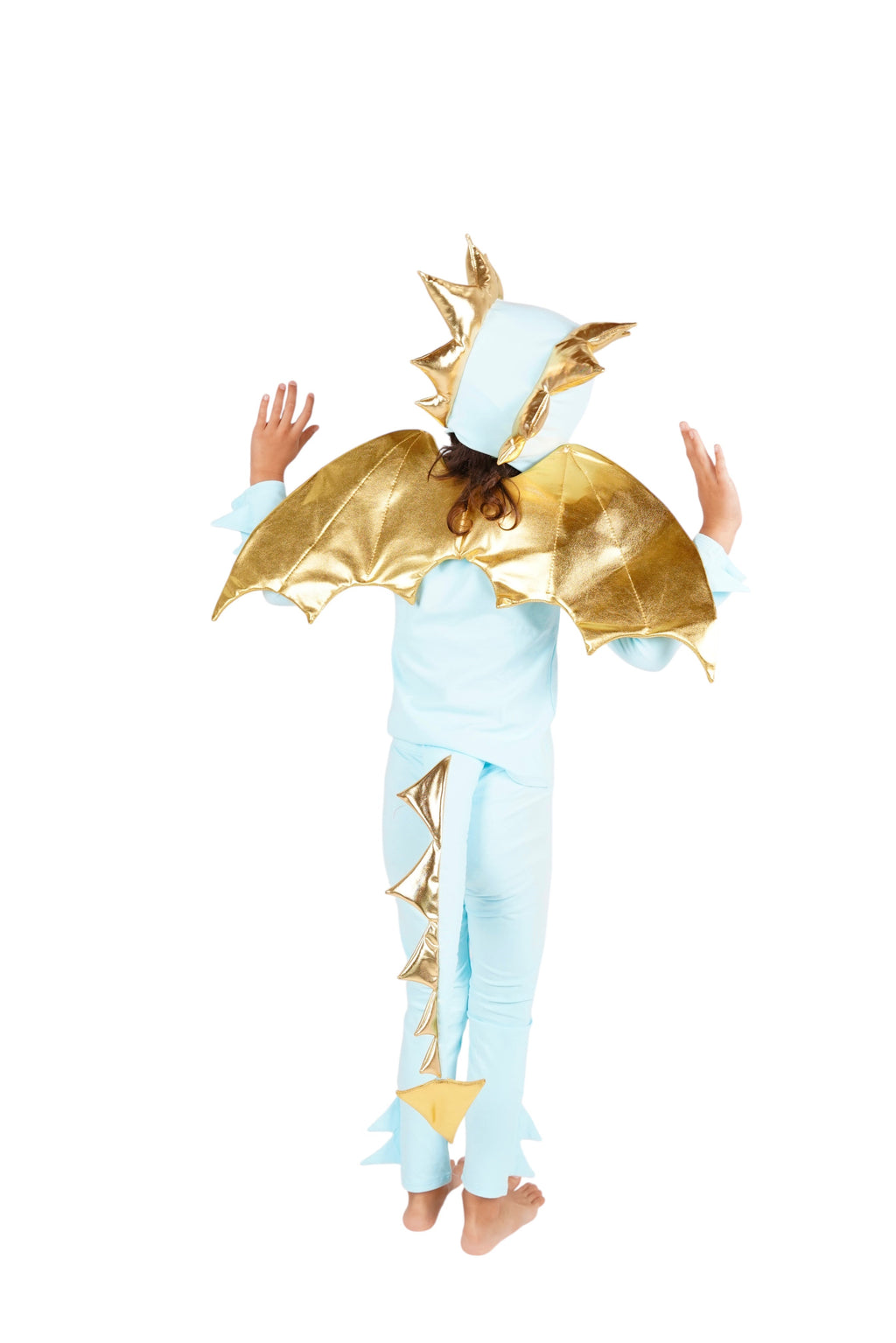 Sky blue dragon costume showing gold cape wings and spiked headpiece from behind.