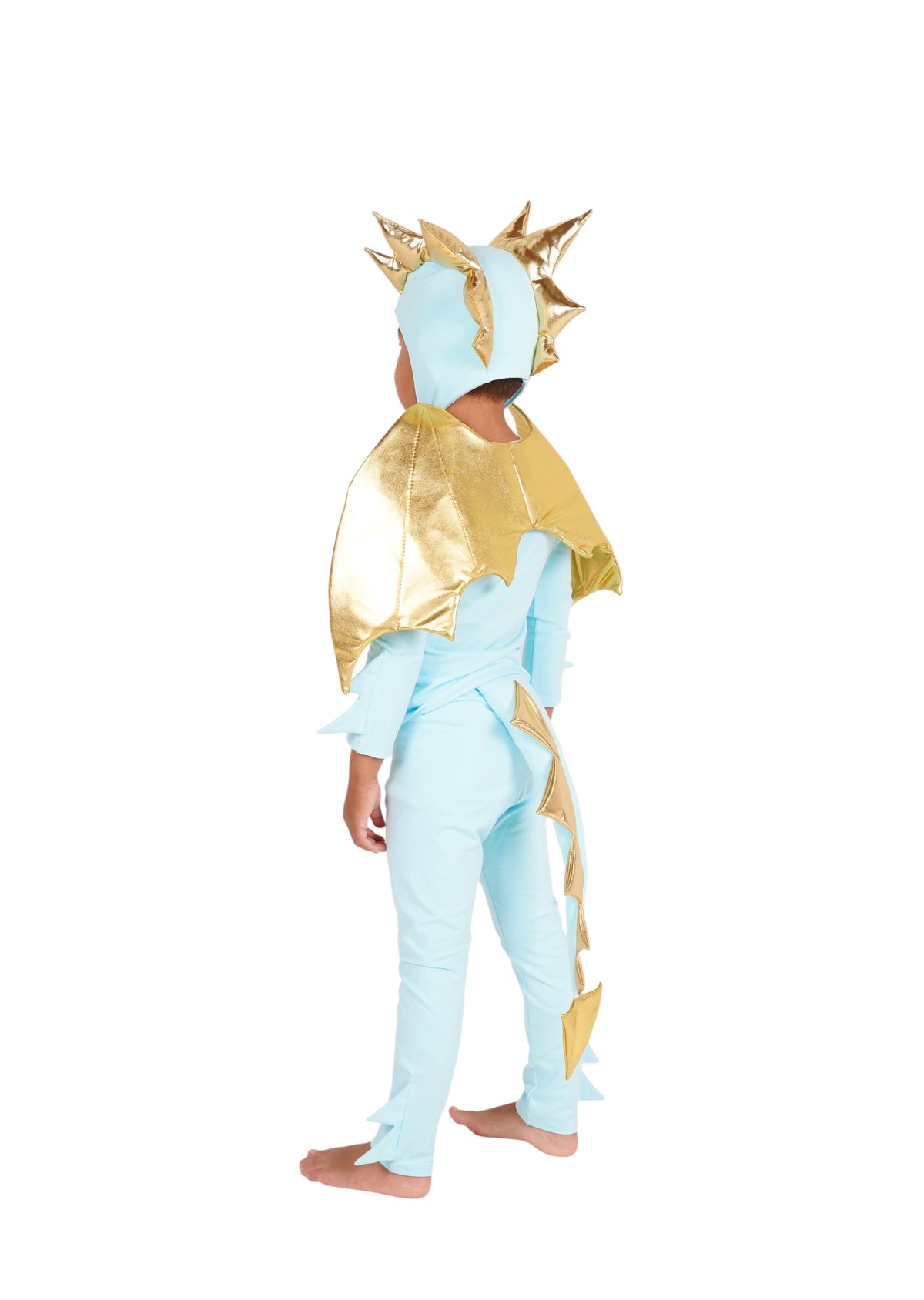 Dragon costume with gold hood spikes, sky blue bodysuit, and gold side wing accents.