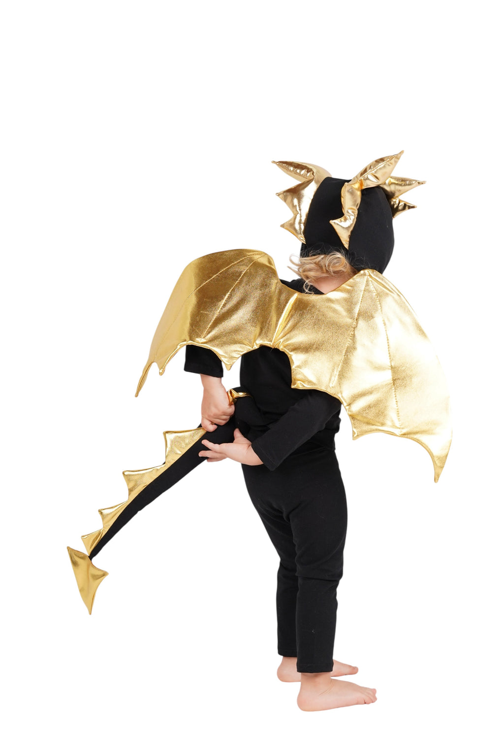 Black and gold dragon costume with wing cape and spiked horn headpiece