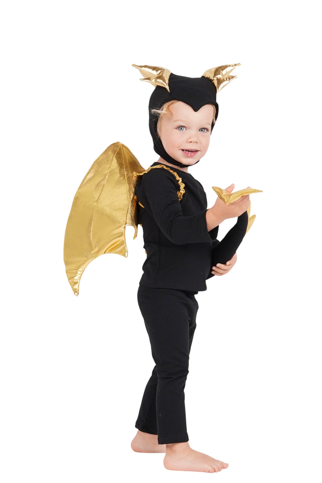Black dragon costume set with gold horns headpiece, wing accents, and long sleeves
