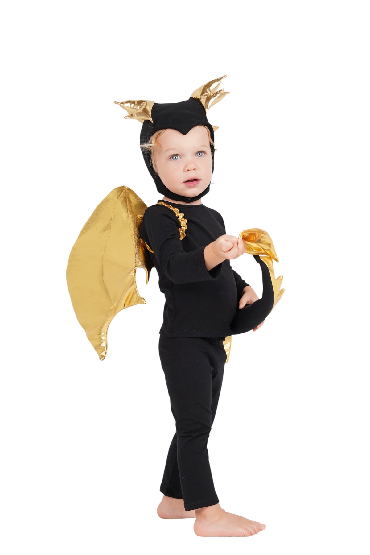 Black dragon costume with gold wings and spiked horn hood headpiece