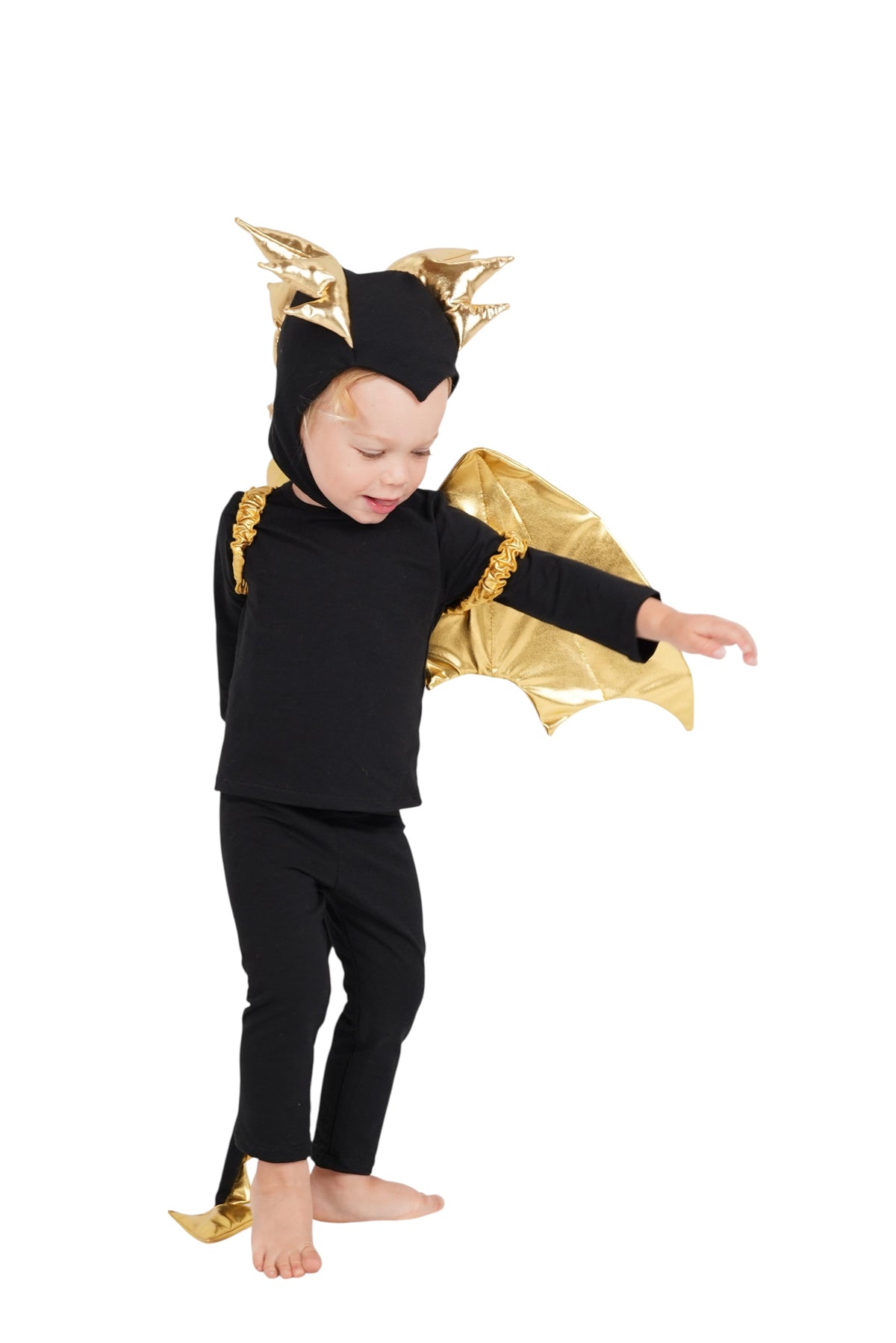 Black dragon costume with gold wing cape, black pants, and matching dragon hood