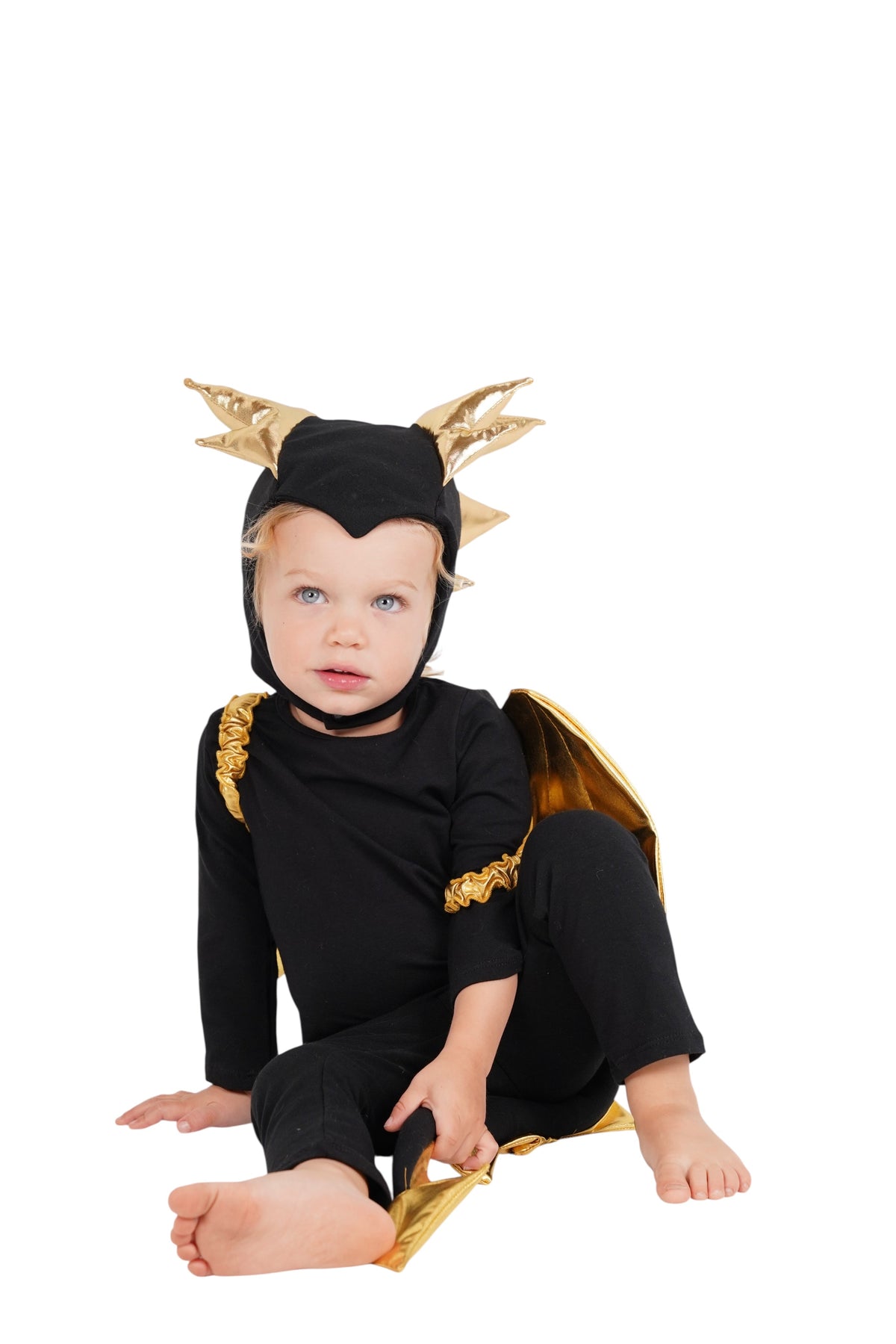 Black dragon costume with gold wing cape and spiked horn headpiece