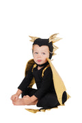 Baby black dragon Halloween costume with gold horn headpiece and draped gold cape