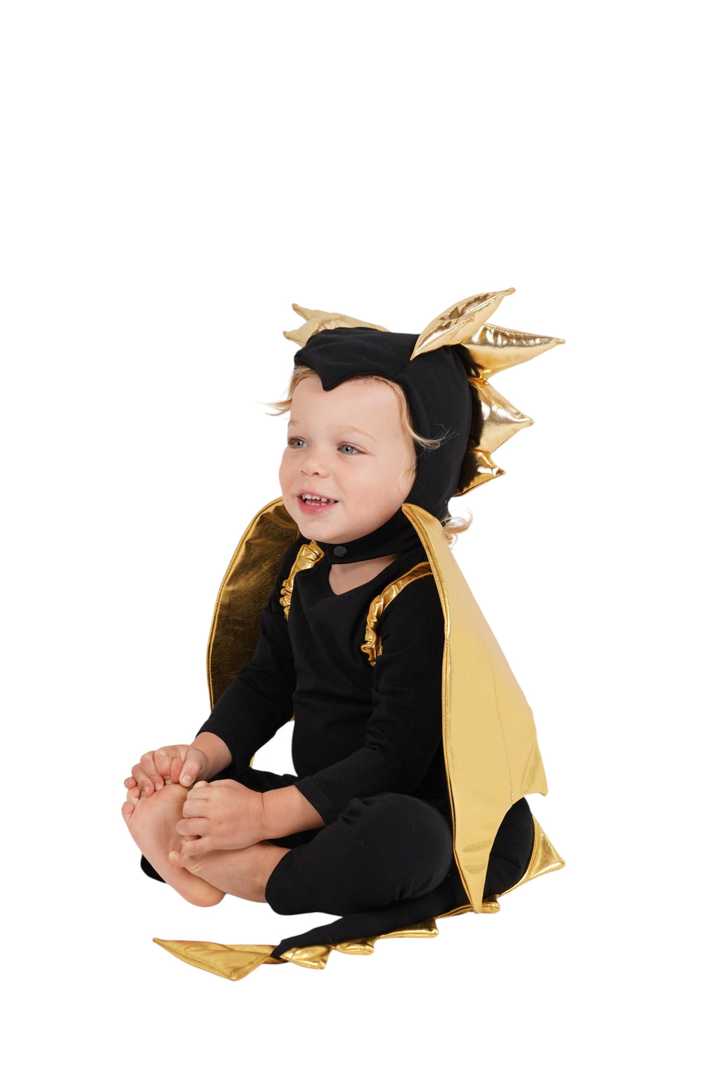 Black dragon costume with gold wing cape and horn headpiece on child