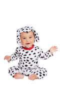 Baby Dalmatian costume with hood, black spots, long sleeves, and matching pants