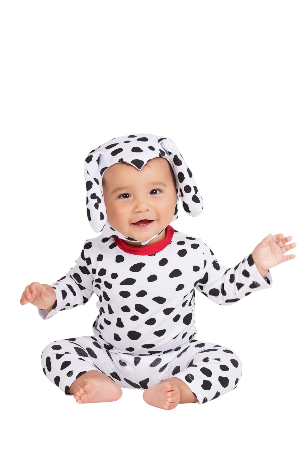 Baby Dalmatian costume with hood, black spots, long sleeves, and matching pants