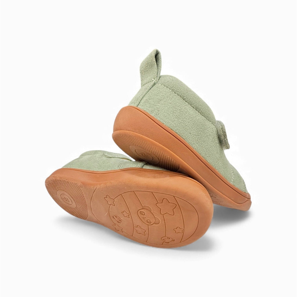 Kids mint-green barefoot sneakers, view of rubber outsole underside with traction