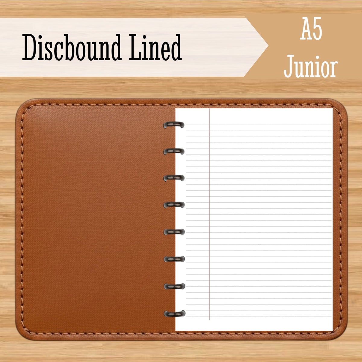 A5 junior lined discbound notebook insert with brown cover and 6-ring spine
