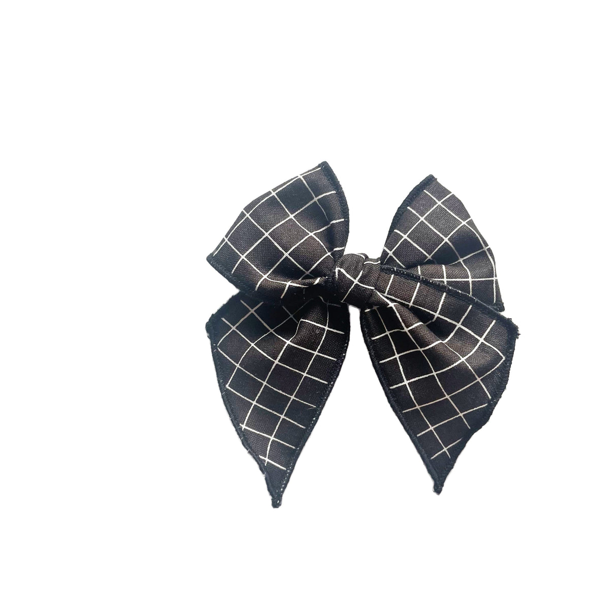 Dark grid fabric bow with tied knot, layered tails, and split points