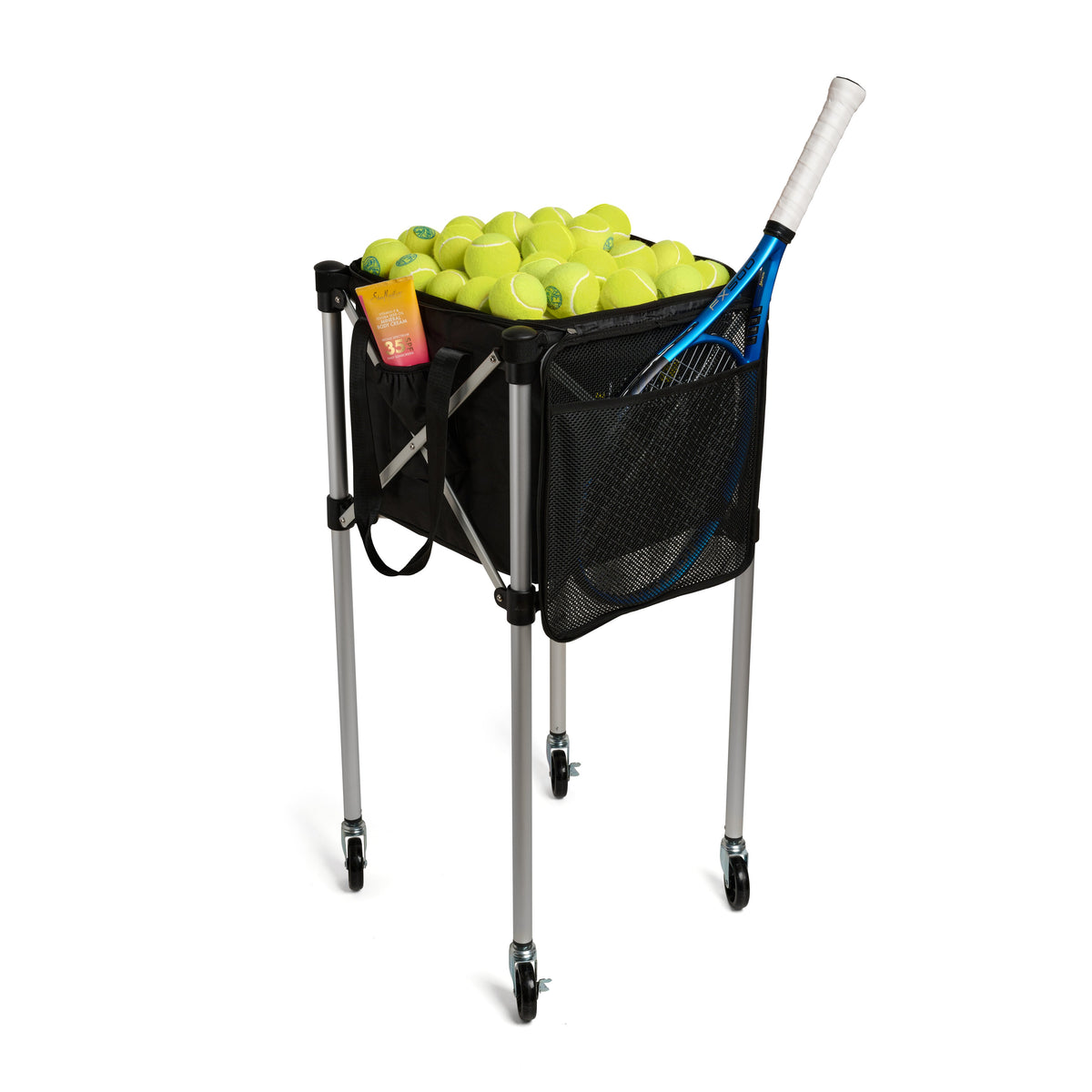 Black ball tote replacement bag attached to tennis teaching cart with mesh side pocket