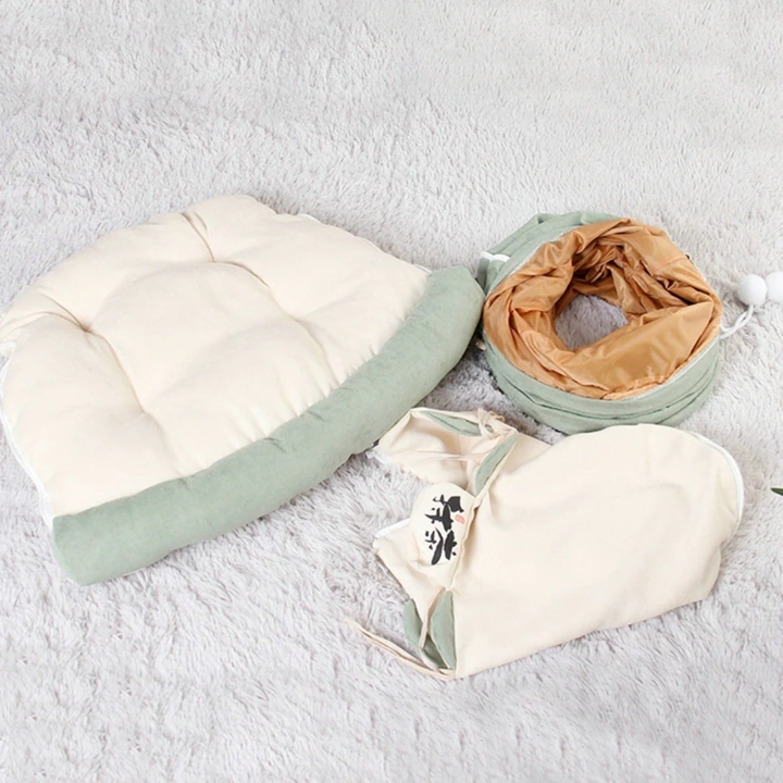 Collapsible cat tunnel tube parts with removable cat bed, mint and cream cushions
