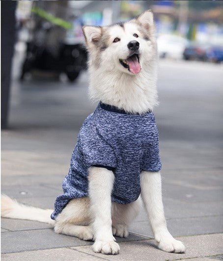 Navy heather winter pet sweater with high collar and long sleeves, snug pullover