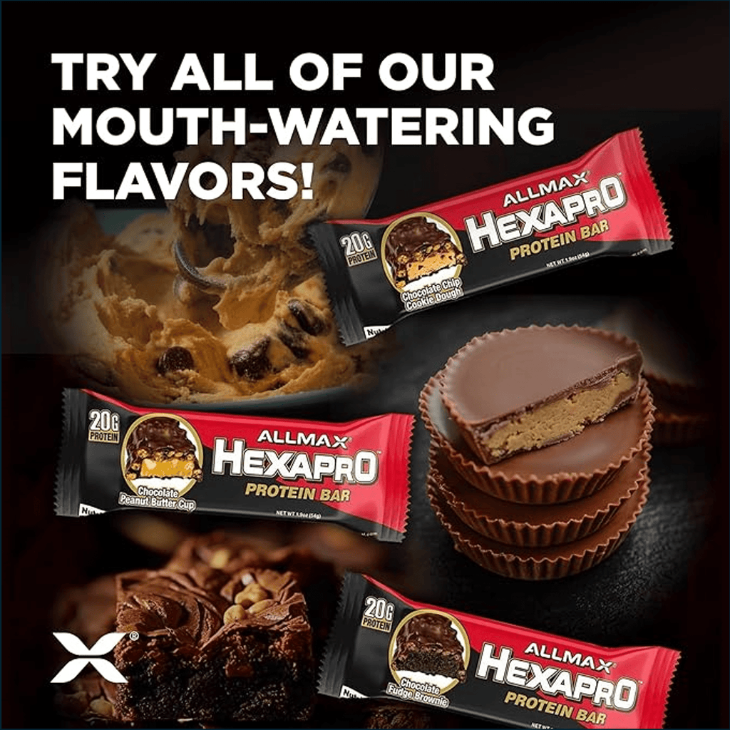 Allmax Hexapro protein bars with chocolate flavors and chocolate cup pieces