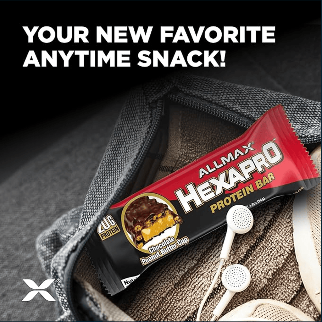 Wrapped Allmax Hexapro protein bar, chocolate peanut butter cup