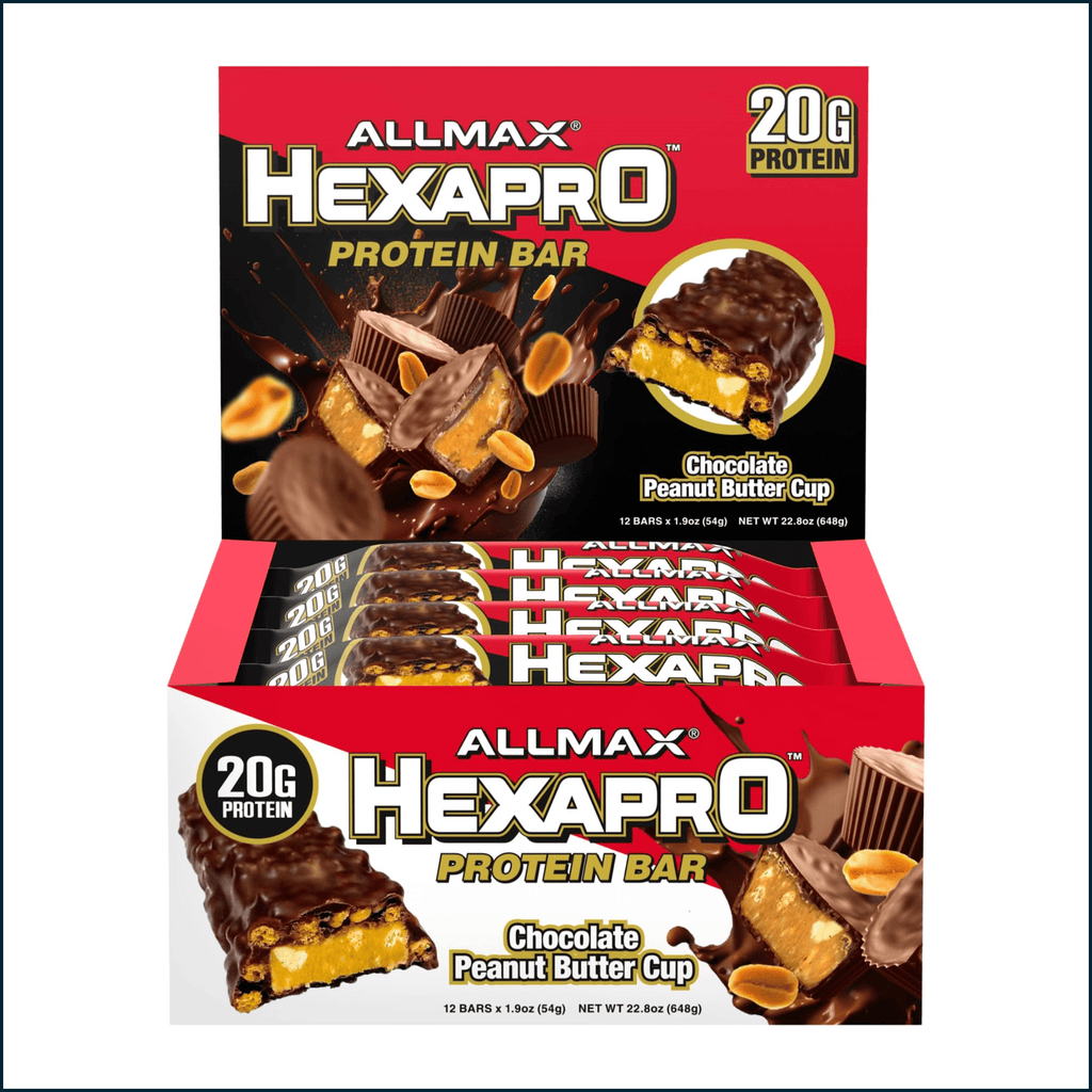 Allmax Hexapro protein bar box, chocolate peanut butter cup flavor