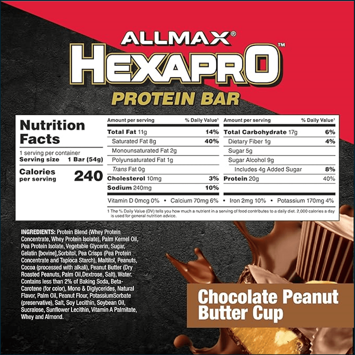 Allmax Hexapro protein bar back label with nutrition facts and ingredients