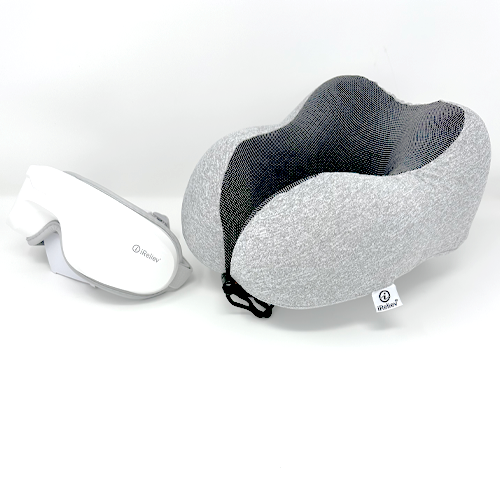 Relaxable™ heated eye massager with gray fabric neck pillow strap