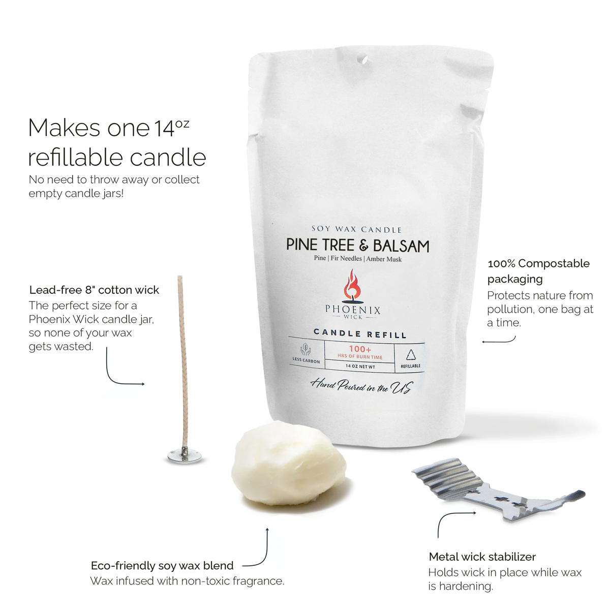 14oz refill candle pack with cotton wick, soy wax pieces, and refill pouch.