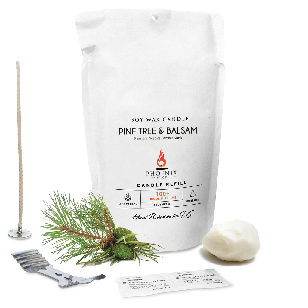 Pine Tree & Balsam soy candle refill pouch with wick, wax pieces, and metal stabilizers