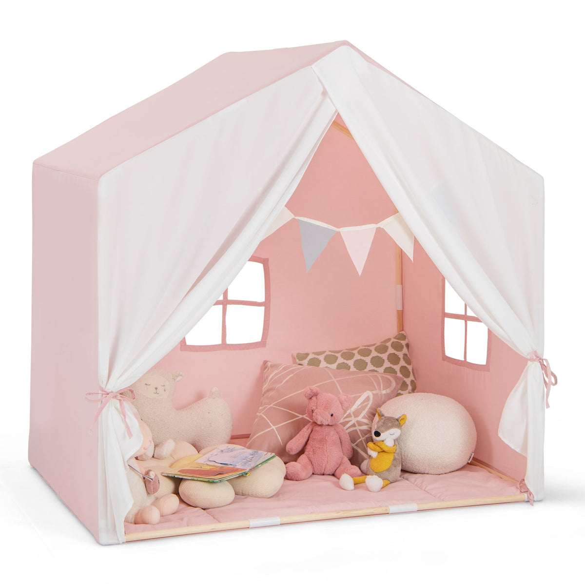 Kids play tent with pink exterior, white canopy, tan interior, and fabric flag banner