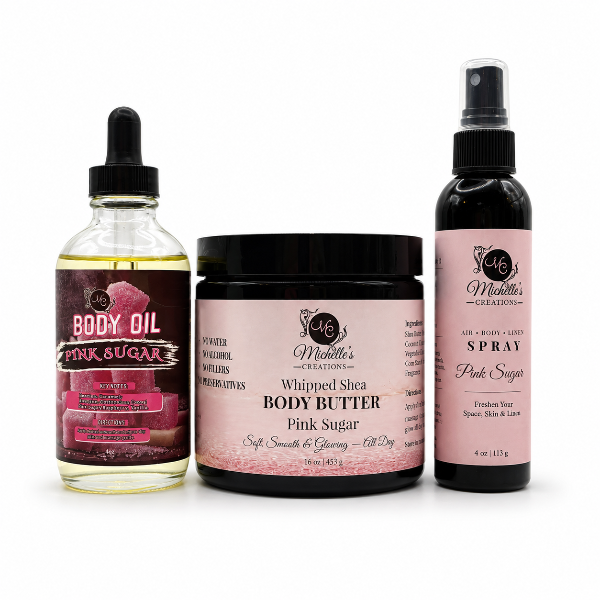 Body care gift set with body oil, whipped shea butter, and air spray—Pink Sugar