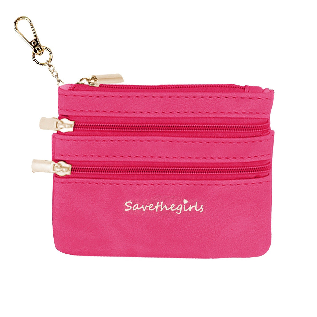 Pink zippered pouch with 3 zippers and gold keychain ring