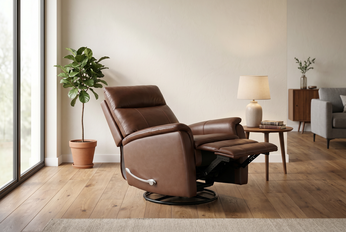 Brown manual recliner in side profile with lever handle and reclining base