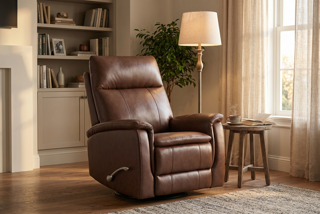 Brown manual recliner front view with tall back, arm pads, and footrest