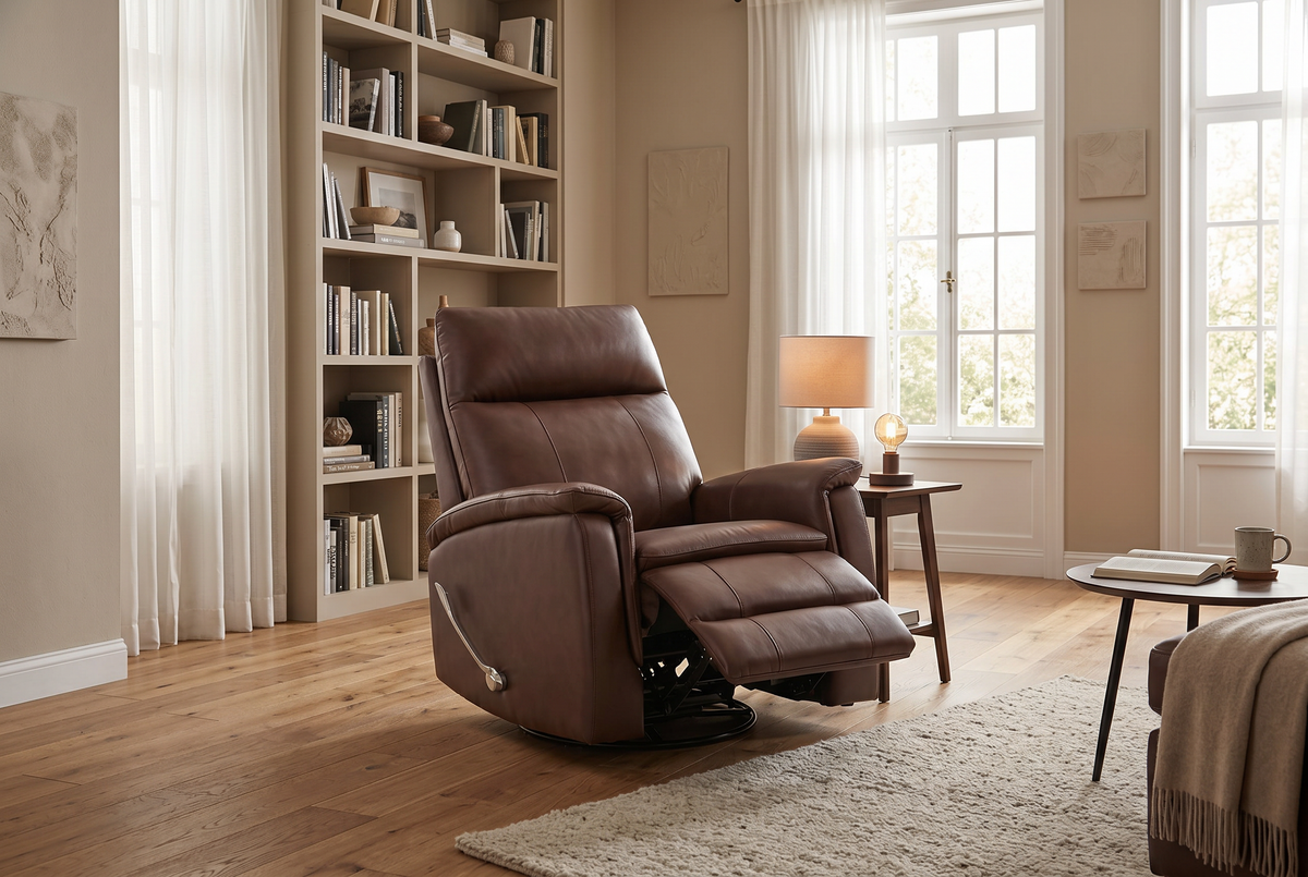 Brown manual recliner near bookshelf with reclining seat and cushioned arms