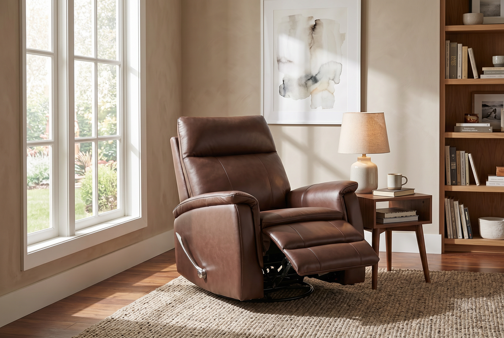 Brown manual recliner with smooth leather look and visible recline mechanism