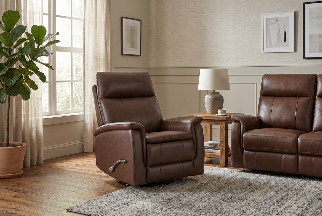 Brown manual recliner with cushioned arms, headrest, and adjustable footrest